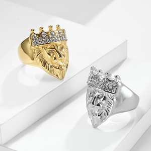 Cross border 2023 berlian bertatahkan singa raja cincin baja tahan karat untuk pria baja tahan karat berlapis 18 karat emas hiohop cincin tarik - Product Image 3