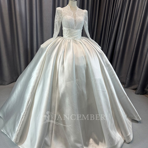 Lscm86 Elegante Vestido de Novia Blanco de Satén con Encaje, Manga Larga, Cintura Fruncida, Estilo Princesa, con Espalda de Encaje, Jancember - Product Image 5