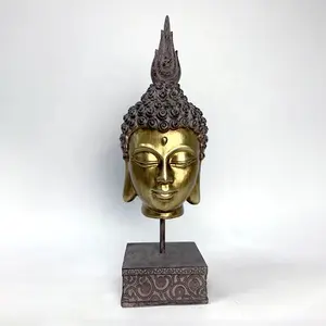 Escultura de cabeza de Buda de resina dorada, artículos budistas de Tailandia, decoración de escritorio, artesanía folclórica con Cabeza de Buda