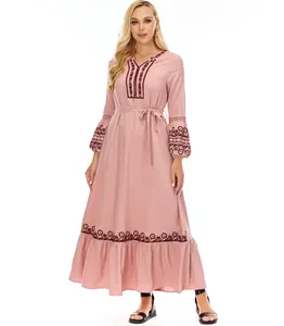 뜨거운 판매 양모 자수 abaya 드레스 긴 소매 탄성 커프 이슬람 긴 드레스 캐주얼 맥시 이슬람 드레스