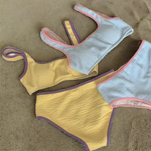 Vintage Bikini Print Cut Out 2 Piece <b>Set</b> Women Sky Blue Cute Color Bra Thongs Swimsuit - Product Image 2