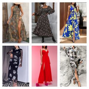 Robes d'été à cordon de serrage, robe une pièce pour femmes, buste plissé, fente, ourlet à volants, robe maxi florale fraîche à imprimé - Product Image 3