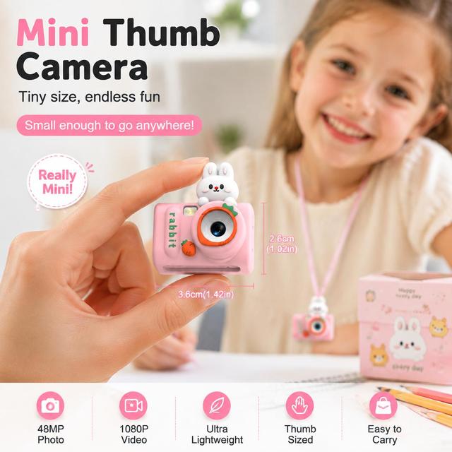 Portable Rabbit Mini Camera for Kids 48MP Digital Camera 0.96 Inch Screen 1080P Camcorder for Travel Camping Outdoor Play