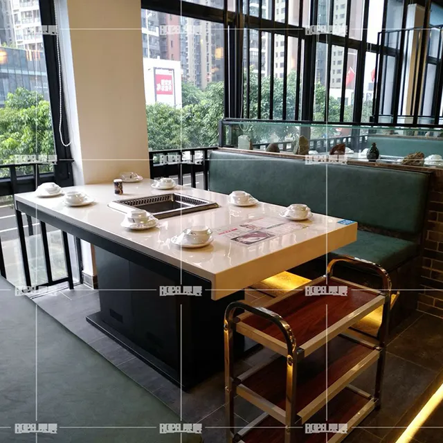 AOPA commercial restaurant man-made marble table for hot pot induction cooker with Korean BBQ grill