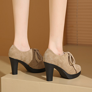 Pure Color <b>Tie</b> <b>Back</b> Thick Heel Fashion Pointed Toe Flats Women's Model Autumn Elegant Plus Size High Heel Flats - Product Image 3