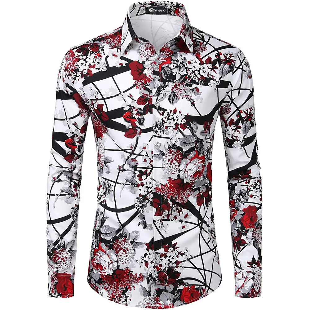 Shinesia men's shirts plus size floral shirt long sleeve cotton slim flower print custom shirts