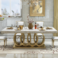 Ensemble de table à manger rectangulaire de grande taille pour 10 personnes, design italien, acier inoxydable doré, plateau en marbre, mobilier royal contemporain du Royaume-Uni et de Dubaï