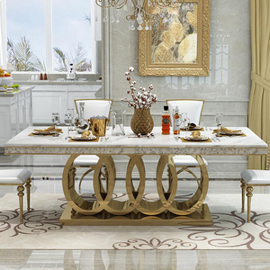 Contemporary UK DUBAI Royal Furniture Italian Design <strong>Gold</strong> Stainless Steel Marble Top Rectangle Big Dining <strong>Table</strong> 10 Seater Set - Product Image 2