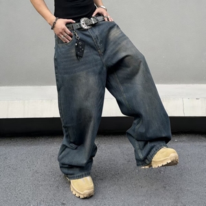 Hip Hop Erkek Rahat Eskitme Efektli Bol Paça Geniş Bacak Kot Pantolon Yıkanmış Düz Paça Kot Erkek Kot Pantolonu - Product Image 6