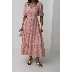Wholesale Pink Buttoned <b>Balloon</b> Sleeve <b>Prom</b> Dress Decorative Elegant Design - Product Image 2