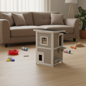 Maison pour chat en bois à 2 étages, grise, meubles modernes pour animaux de compagnie, chats d'intérieur, imperméable à la pluie - Product Image 2