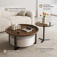 Table basse ronde moderne à double plateau avec plateau en verre et structure en bois, facile à nettoyer et à ranger, idéale pour salon et appartement