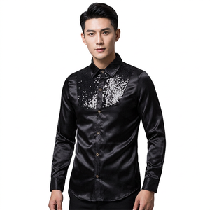 White Slim Fit Sequin <b>Men's</b> Long Sleeve Button-Up Formal Dress <b>Shirt</b> Glitter Print Woven Satin Fabric for Wedding <b>Party</b> Wear - Product Image 5