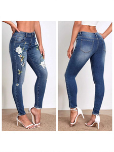 Jeans Skinny Extensibles Élégants pour Femmes, Style Européen, Broderie Motif Pot de Fleurs, Coupe Slim Fuselée en Denim - Product Image 3