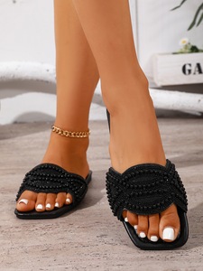 Women Pearl Embellished Square Toe <b>Slide</b> Sandals Open Toe Flat Slippers For Summer Beach Party - Product Image 3