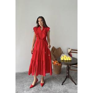 Robe mi-longue rouge à volants, taille naturelle, tissu respirant, pour femme - Product Image 4