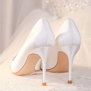 Wedding Bride Shoes Size 33-42 Elegant Silk White Pearl BOw <b>Pointed</b> <b>Toe</b> Pumps Sexy 2025 Trendy Women's Heels - Product Image 5