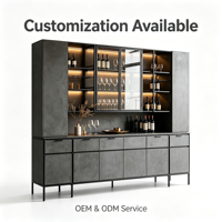 Meuble à vin moderne et écologique sur mesure avec portes vitrées, barre lumineuse LED, buffet avec tiroirs, gris foncé, compatible OEM/ODM