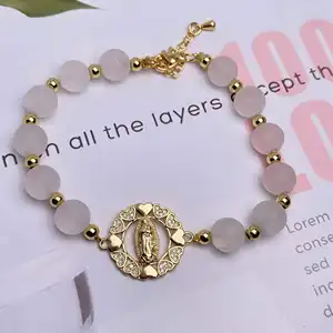 DIY zirconia paved pink Virgin Mary natural gemstone healing crystal rose bracelets healing stone jewelry