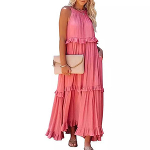 Robe longue d'été vintage pour <span class=keywords><strong>femme</strong></span>, coupe évasée, sans manches, col rond, ample, en polyester et élasthanne, avec empiècements - Product Image 2