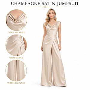 <span class=keywords><strong>Combinaison</strong></span> sur mesure en satin champagne à col drapé pour <span class=keywords><strong>femme</strong></span>, <span class=keywords><strong>pantalon</strong></span> large avec panneau drapé, longueur ras du sol, soirée glamour, vente en gros - Product Image 6