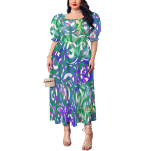 Robe à fleurs polynésienne Elei Tribal Tie-Dye, manches à bulles, taille haute, rétro, col carré, Design personnalisé pour femmes, nouvelle collection été <span class=keywords><strong>2022</strong></span> - Product Image 1