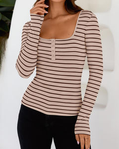 All'ingrosso da <span class=keywords><strong>donna</strong></span> a righe leggere top Sexy con collo a U top base alla moda con costine a maniche lunghe abbinate Streetwear - Product Image 3