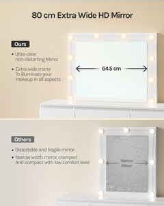 Table de maquillage haut de gamme avec plateau en verre blanc, miroir LED réglable, table de toilette moderne avec tiroirs et 2 prises - Product Image 6