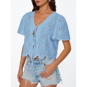 Chemisier d'été pour femme à manches courtes en mousseline de soie, avec nœud sur le devant, broderie ajourée, style bohème, idéal pour les vacances à la plage - Product Image 3