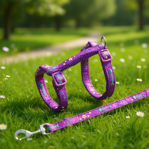 Ensemble harnais et laisse pour chat violet avec motif étoiles et arêtes de poisson, réglable pour petits chats - Product Image 3