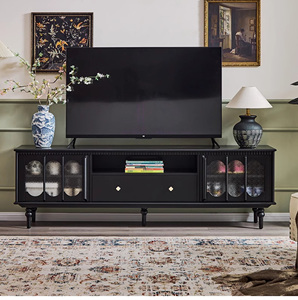 Meuble TV vintage en bois massif noir avec porte en rotin tressé, tiroirs de <span class=keywords><strong>rangement</strong></span>, console multimédia, meuble classique pour salon - Product Image 1