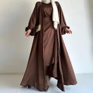 Nieuwe Aankomst Custom Turkse Nieuwste Ontwerpen Losse Moderne Saudi-Arabië 2-delige Set Open Abaya Ontwerpen Dubai Vrouwen Moslim Jurk