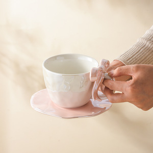 Juego de taza y platillo de cerámica con diseño de lazo estético, taza creativa y bonita para té de la tarde, vajilla para el hogar. - Product Image 4
