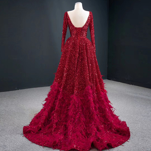 ClassicalParty Dress With <strong>Red</strong> <strong>Sequins</strong> Long Sleeve Feather Bead A-Line Lady Evening Dress 2022 - Product Image 3