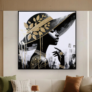 Dipinto Murale Moderno ed Elegante con Signora <span class=keywords><strong>e</strong></span> Cappello con Foglia d'Oro, Ritratto Astratto in <span class=keywords><strong>Bianco</strong></span> <span class=keywords><strong>e</strong></span> <span class=keywords><strong>Nero</strong></span> per Arredamento di Lusso - Product Image 1