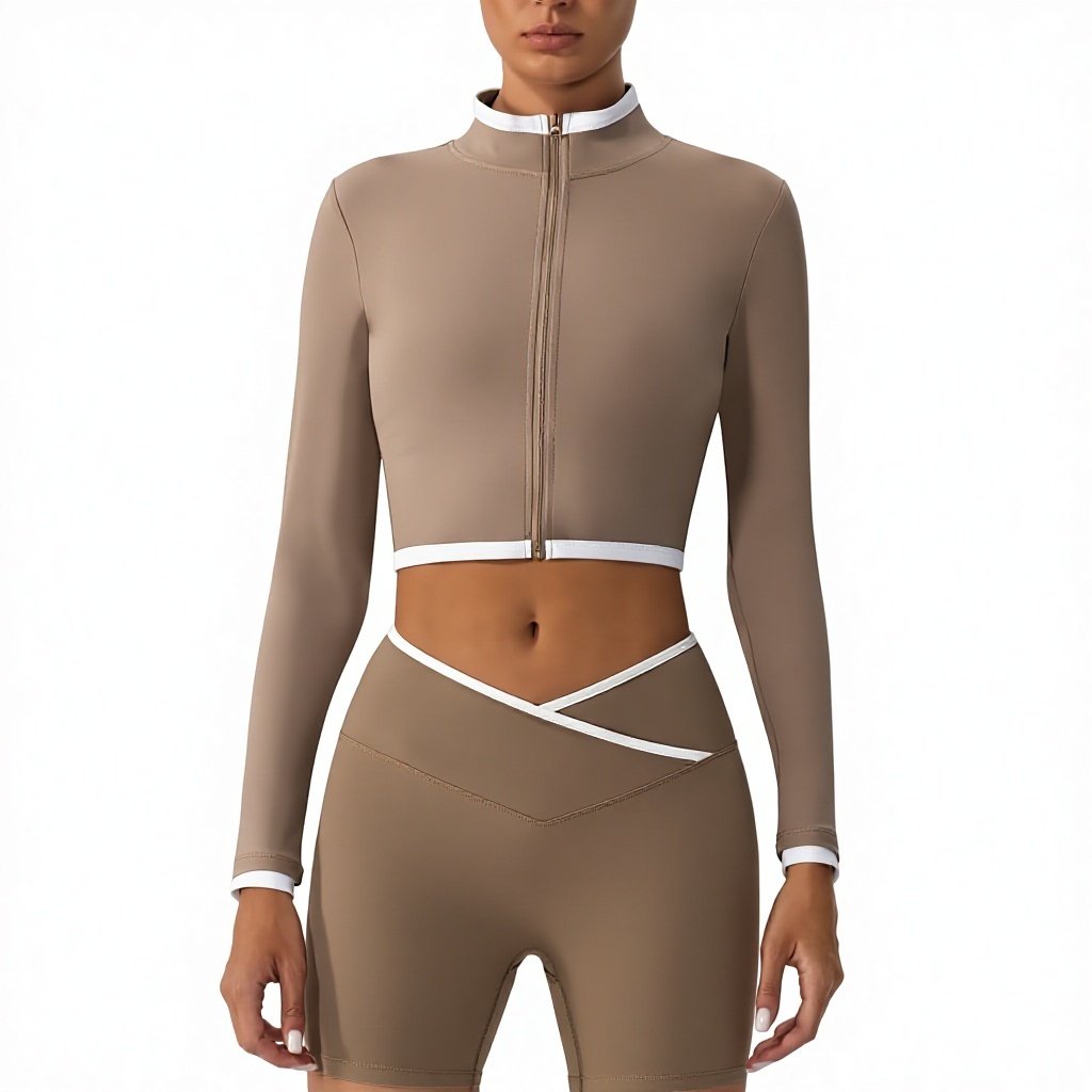 Body Shaping Color Contrast Stand Collar Zipper Jacket Women Autumn Winter Yoga Fitness Long Sleeve Top