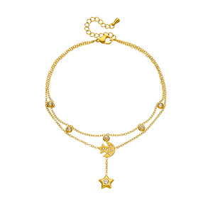 Double Layer Rhinestone Star Moon Anklet Gold Tone Bezel Setting Women's Everyday Wear Foot Ornament - Product Image 5