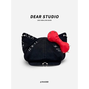 Casquette octogonale à oreilles de chat et nœud clouté pour femme, style Y2K, casquette de peintre en jean bleu, version cuir et coton - Product Image 4