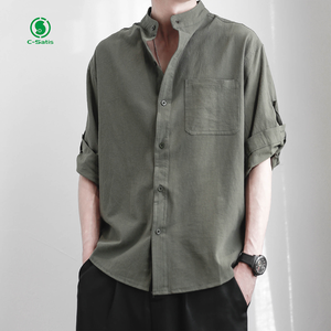 Camicia di <span class=keywords><strong>lino</strong></span> estiva da <span class=keywords><strong>uomo</strong></span> a maniche lunghe e a maniche corte Casual primavera e autunno camicia di <span class=keywords><strong>lino</strong></span> in cotone tinta unita da <span class=keywords><strong>uomo</strong></span> - Product Image 5