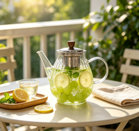 Théière classique à rayures verticales en verre borosilicate, infuseur en acier inoxydable, bouton en bois, résistante à la chaleur