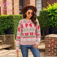 Pull en acrylique jacquard à manches longues pour femme, motif nœud perlé de Noël, broderie personnalisée du logo, chaud et décontracté pour Noël