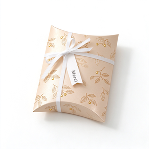 Scatola di Carta a Forma di Cuscino con Motivo a Foglie, Scatola Regalo per Caramelle Merci con Etichetta, Scatola Personalizzata per Bomboniere Matrimonio, Confezione per Cioccolatini da Pasticceria - Product Image 1