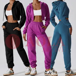 AOLA Spring Autumn Jogger Sweatpants Gym Custom Workout Velvet 2 Piece Women Set Crop Top Hoodie Women Organic Cotton Sweatshirt