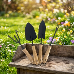 Ensemble de 4 mini-outils de <span class=keywords><strong>jardinage</strong></span> avec manche en bois - Pelle, truelle, fourche et râteau de haute qualité pour plantes en pot - Product Image 1