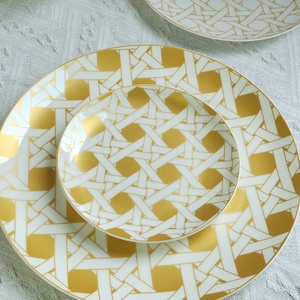 Rimmed Dinner Plates <b>Dinnerware</b> <b>Set</b> Gold Royal Bone 5-pcs <b>Set</b> with Logo Country Ceramic Business Gifts Dinner <b>Set</b> - Product Image 4