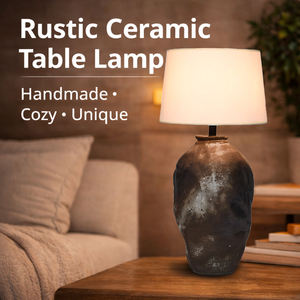 Rustic Ceramic <b>Table</b> Lamp Handmade Textured Base <b>Bedside</b> Lamp E27 Fabric Shade Decorative Desk Lamp for Living Room Bedroom - Product Image 2