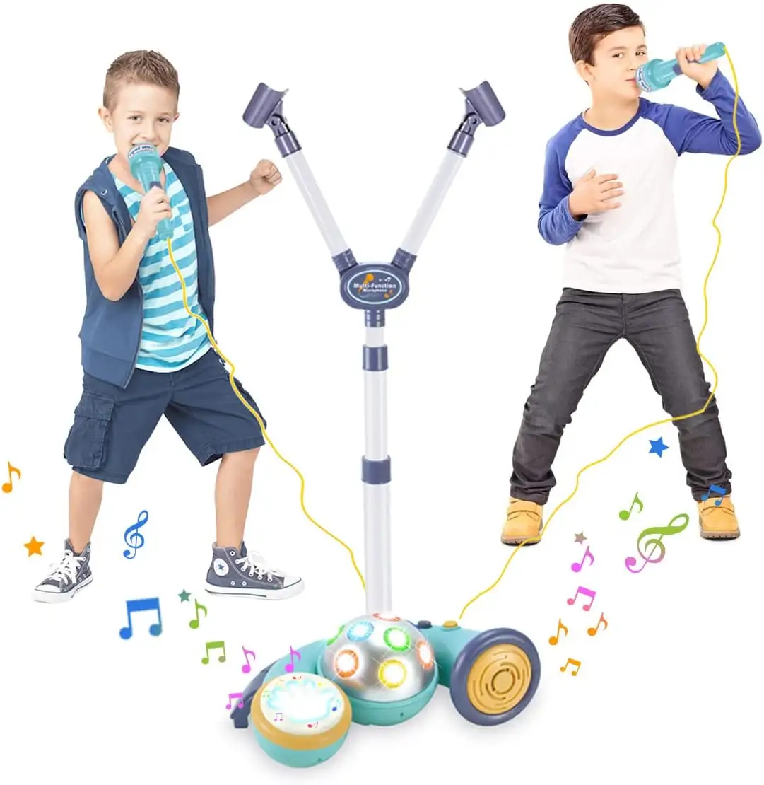 Kinder spielen Schlagzeug instrumente Musikspiel zeug Blinkende Bühnen lichter Kinder-Karaoke-Maschine mit 2 Mikrofonen und verstellbarem Ständer