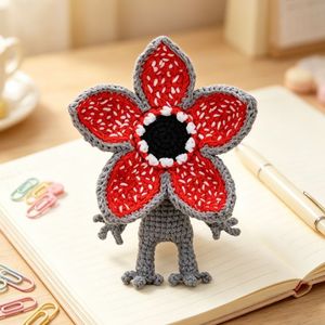 Adorno de estambre rojo tejido con hilo de punto y colgante de muñeca de flor carnívora gris tejida a mano a ganchillo - Product Image 4
