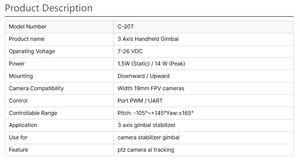 Stabilisateur de <span class=keywords><strong>cardan</strong></span> mini FPV à <span class=keywords><strong>prix</strong></span> de gros, 3 axes C-20T, avec suivi IA pour caméra PTZ et drone de course automobile, pour le suivi de la tête de caméra - Product Image 5