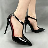 Escarpins sexy à talon aiguille et bout pointu pour femme, en cuir verni, avec bride en T et boucle, style sœur, taille 35-46, hauteur 8-12 cm, pour soirée et printemps